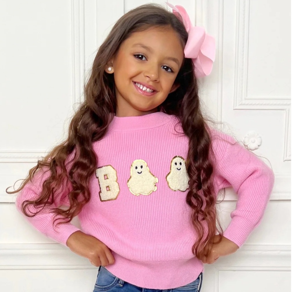 Girls' Pink Ghost Applique Sweater Top